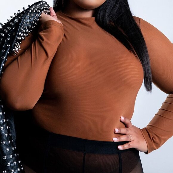 Callie Lives Tops - Plus Size Callie Sexy Mesh Long Sleeve Almond Brown Bodysuit 1X M